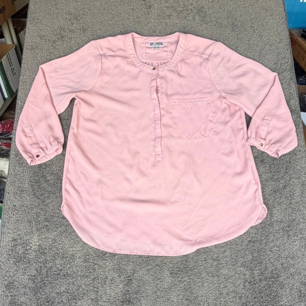 JM Collection Pink Henley Blouse 3/4 Sleeve Pintuck Back Chiffon Top Large